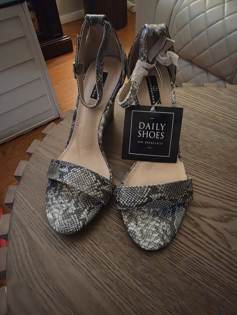 Women's Snake-Print Ankle Strap Sandals in Gray